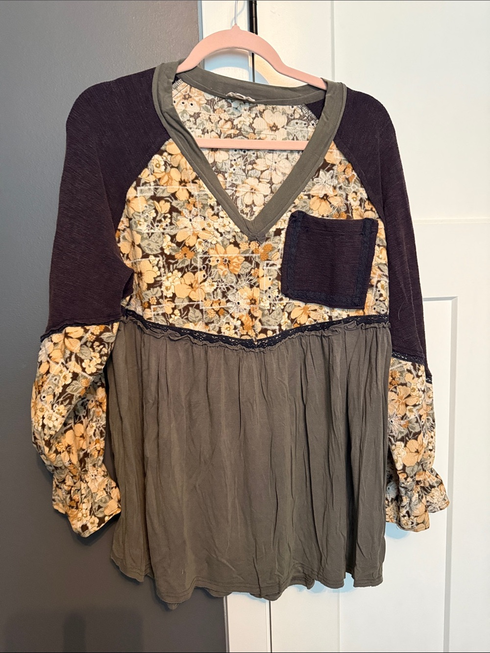 POL Floral Patchwork V-Neck Tunic in Olive, Black and Mustard